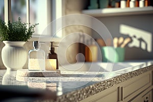 Bathroom products on modern counter with modern interior design. Flawless