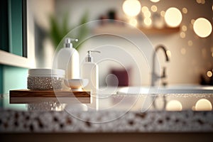 Bathroom products on modern counter with modern interior design. Flawless