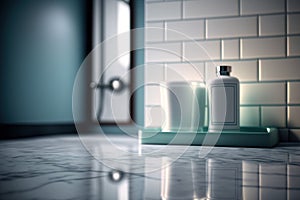 Bathroom products on modern counter with modern interior design. Flawless