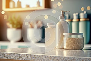 Bathroom products on modern counter with modern interior design. Flawless