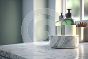 Bathroom products on modern counter with modern interior design. Flawless