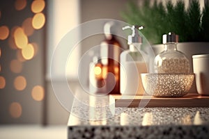 Bathroom products on modern counter with modern interior design. Flawless