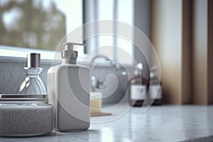 Bathroom products on modern counter with modern interior design. Flawless