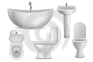 Bathroom realistic objects. White bathtub, toilet seat and washbasin with faucet. Lavatory ceramic bowls top, side and front view