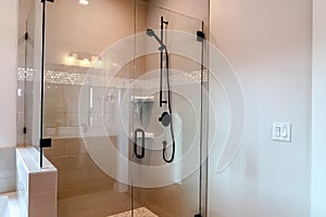 Bathroom rectangle shower stall with half glass enclosure and hinged door