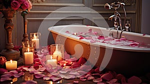 Bathroom with rose petals and candles. Romantic mood