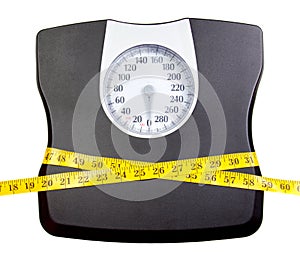 A bathroom scale with a measuring tape