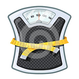 Bathroom scale tape measure. Diet scales concept, mechanical weight measuring centimeter for reduce calories slim waist