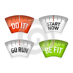 Bathroom scales displaying Do It, Start Now, Go Run and Be Fit messages