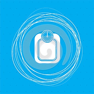 Bathroom scales weighing calorie kilos kilogram icon on a blue background with abstract circles around and place for your text.