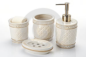 Bathroom set, ceramic bath objects, isolated, white background