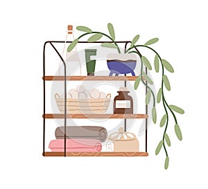 Bathroom shelf with accessories, hygiene items, cosmetic products, stuff in basket, towels. Modern storage furniture