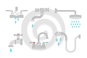 Bathroom shower icons with process water savings symbols concept hygiene collection and clean household washing silver