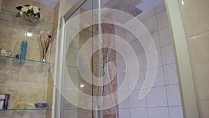 Bathroom with shower. Large square shower head.