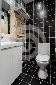 Bathroom with shower, toilet bowl and sink. Hotel standart bedroom. simple and stylish interior. interior lighting