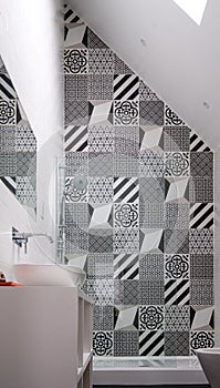 Bathroom with shower unit, toilet, bidet and basin unit, with black and white monochrome patchwork tiles and high ceiling
