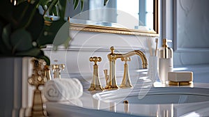 a bathroom with smooth walls adorned with a mirror framed in gold, complemented by matching gold faucets, creating a