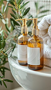 Bathroom spa essentials toiletries, soap, and towel set against a tranquil white background