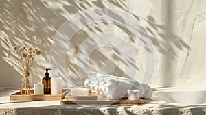 Bathroom spa set with towel, natural soap, and bath accessories on wooden tray in sunlight