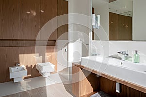 Bathroom with square toilet and bidet