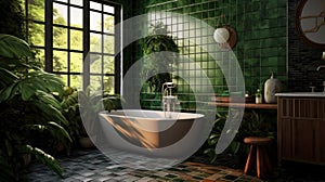 Bathroom with subway tile and a variety of dark green plants of deep forest style