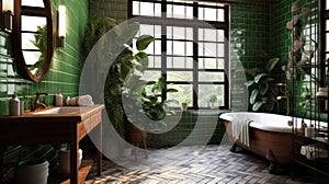 Bathroom with subway tile and a variety of dark green plants of deep forest style