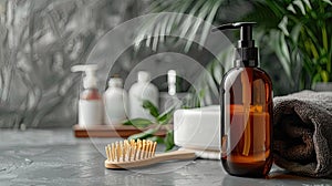 Bathroom toiletries with a plant, evoking natural wellness.