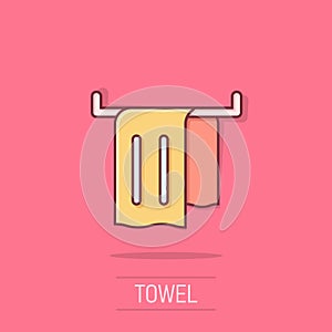 Bathroom towel icon in comic style. Washcloth cartoon vector illustration on isolated background. Hygiene wiping splash effect