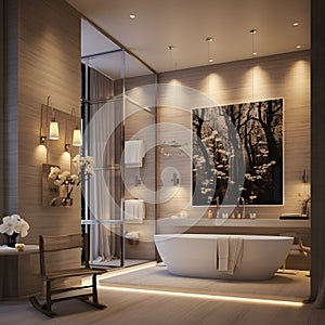 a bathroom with a tub and a painting on the wall Hollywood Glam interior Bathroom with Beige color