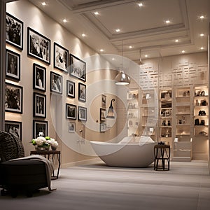 a bathroom with a tub and pictures on the wall Hollywood Glam interior Bathroom with Beige color