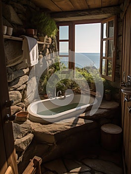 Bathroom with a tub and window overlooking the ocean