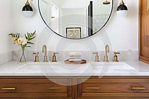 bathroom vanity with dual sinks, brass fixtures, and a round mirror