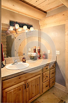 The vanity in a Log Cabin bathroom.