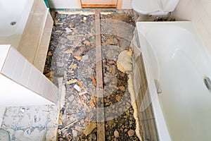 Bathroom view before laying new tiles. Concept of bath room renovation, home improvement. Nobody