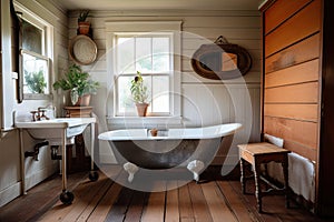 bathroom, with vintage sink and clawfoot tub, in rustic farmhouse