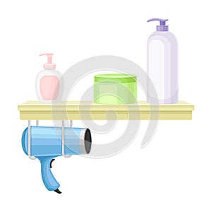 Bathroom Wall Mounted Shelf with Hygienic Accessories and Hair Dryer Vector Illustration