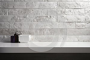 bathroom wall wallpaper in light gray marble bricks with a soap dish on the countertop