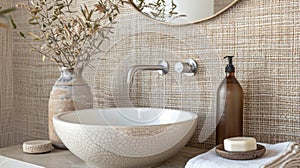The bathroom walls are covered in a sustainable wallpaper featuring a handwoven texture giving the space a luxurious and