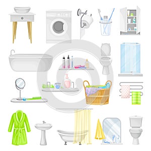 Bathroom or Washroom with Bathtub, Wash Basin and Mirror with Objects for Personal Hygiene Big Vector Set