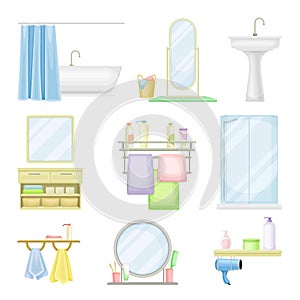 Bathroom or Washroom with Bathtub, Wash Basin and Mirror with Objects for Personal Hygiene Vector Set