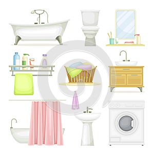 Bathroom or Washroom with Bathtub, Wash Basin and Mirror with Objects for Personal Hygiene Vector Set