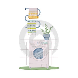 Bathroom or Washroom Interior with Washing Machine and Towel Rail Vector Illustration