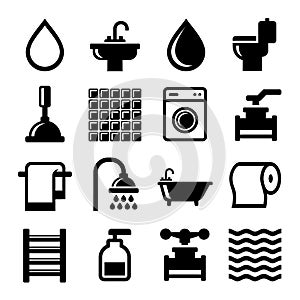 Bathroom and Water Icons Set. Vector