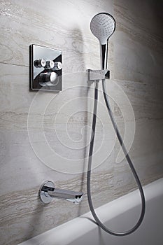 Bathroom water mixer. Water tap made of chrome material