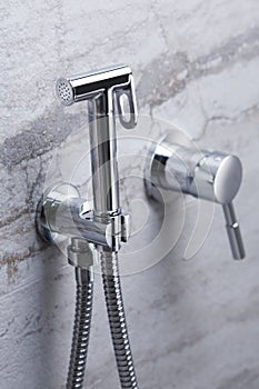 Bathroom water mixer. Water tap made of chrome material