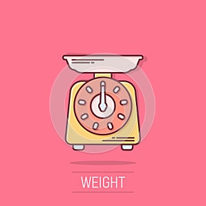 Bathroom weight scale icon in comic style. Mass measurement cartoon vector illustration on isolated background. Overweight splash