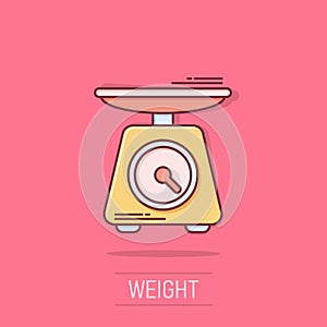 Bathroom weight scale icon in comic style. Mass measurement cartoon vector illustration on isolated background. Overweight splash