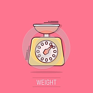 Bathroom weight scale icon in comic style. Mass measurement cartoon vector illustration on isolated background. Overweight splash