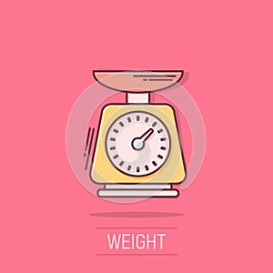 Bathroom weight scale icon in comic style. Mass measurement cartoon vector illustration on isolated background. Overweight splash