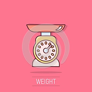 Bathroom weight scale icon in comic style. Mass measurement cartoon vector illustration on isolated background. Overweight splash